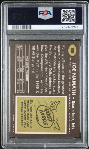 1969 TOPPS FOOTBALL JOE NAMATH #100 PSA 7 NM - Imagen 2 de 2