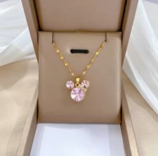 Women's Fashion Jewelry Gold Pink Cubic Zircon Minnie Mouse Pendant Necklace 632