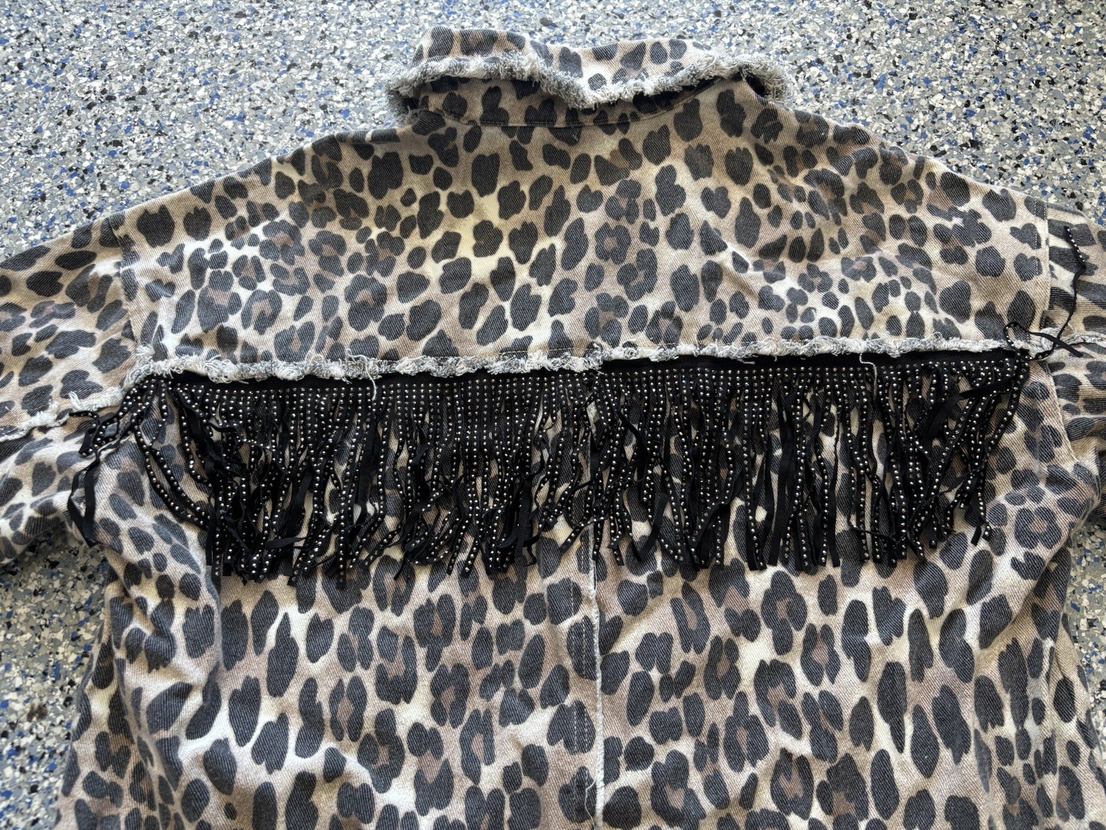 Leopard-print Denim Shirt Jacket with A Black Rhinestone Fringe Size X ...