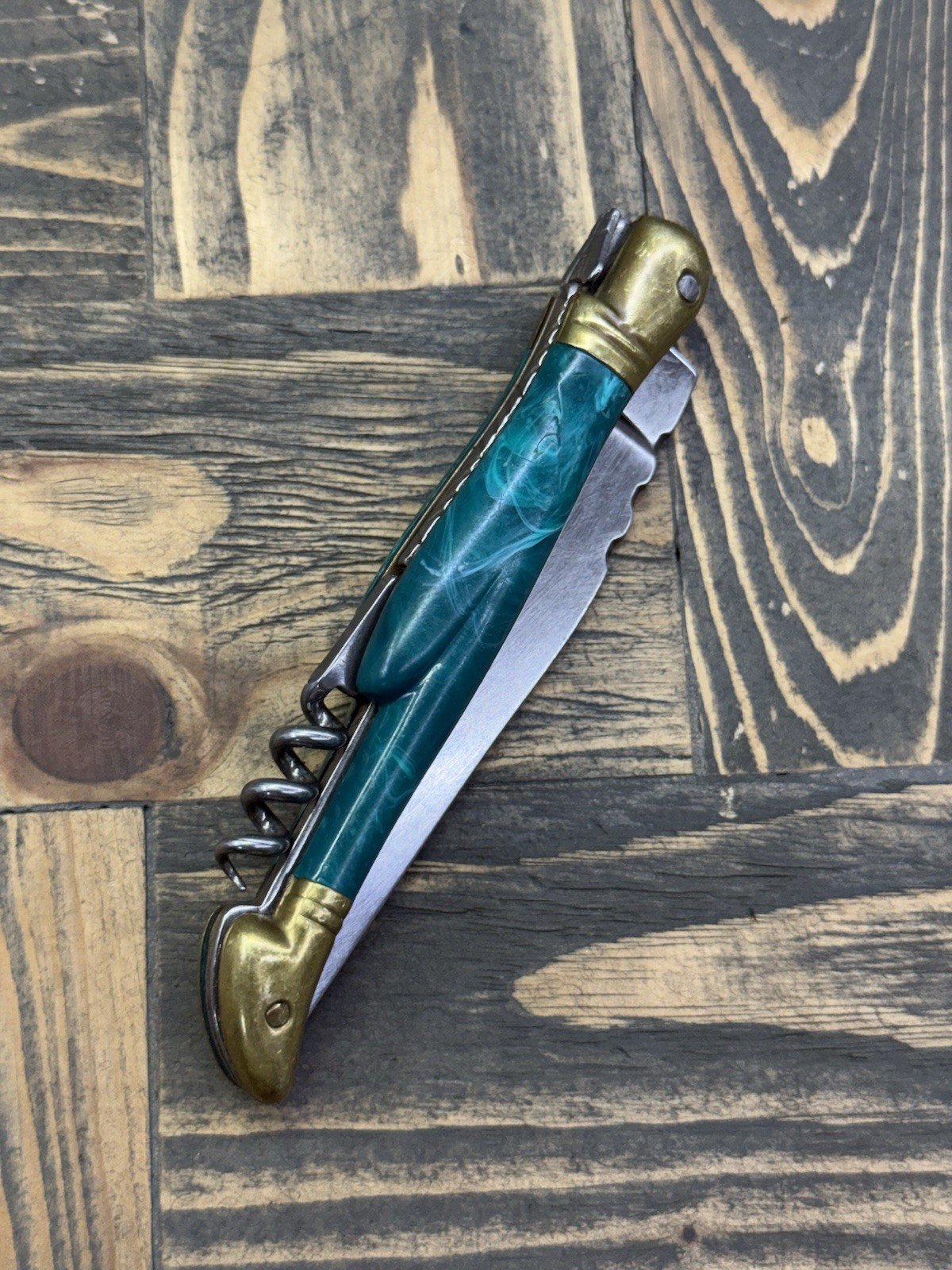 Laguiole En Aubrac 440 France Folding Pocket Knife Used Green Corkscrew