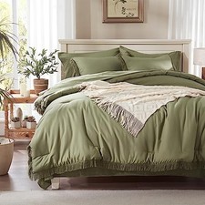 Comforter Set - Tassel Boho Bed in a Bag 7 Piece with Queen Olive Green