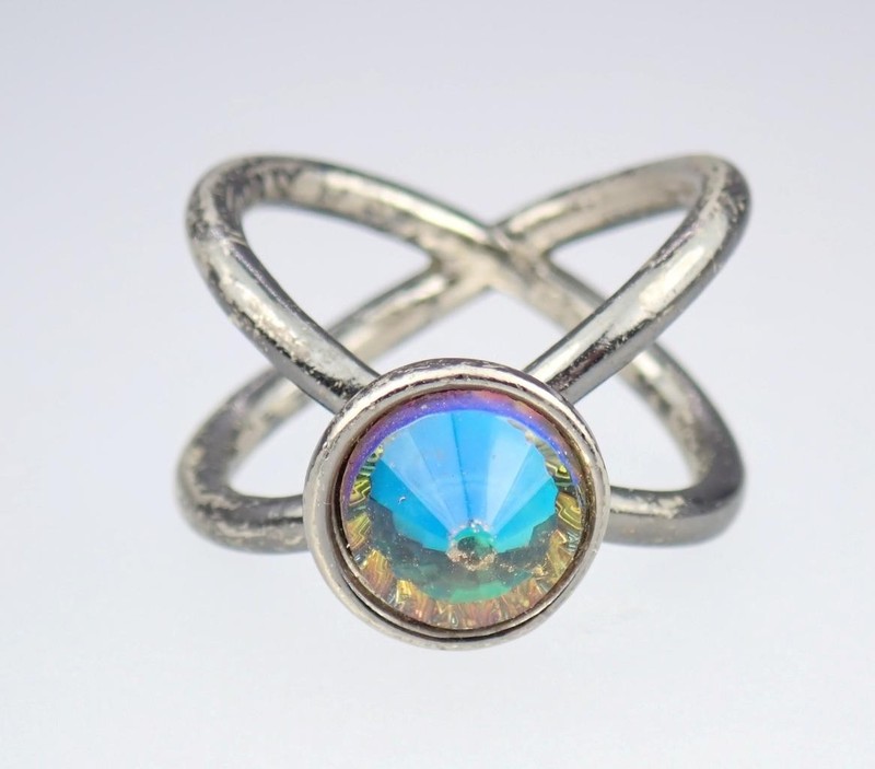 Vintage Estate Silver Tone Watermelon Rivoli Green Pink Blue Solitaire Ring Sz 5