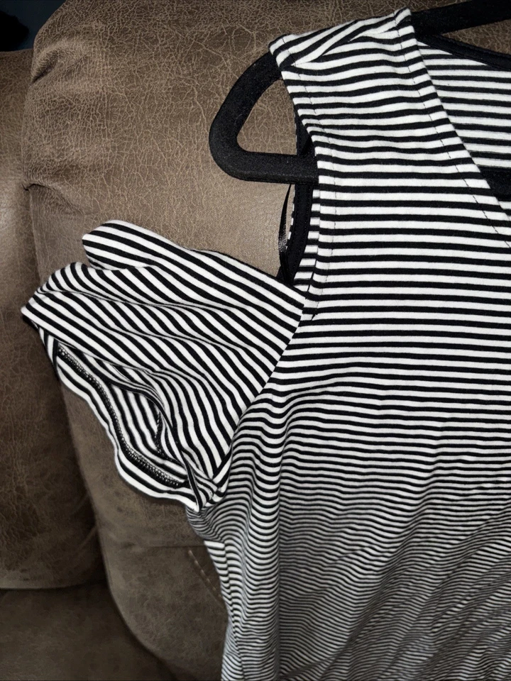 Michael Kors Black and White Striped Cold Shoulder Dress - Image 2 of 4