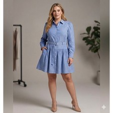 SALE Nanette Lepore Shirt Dress Womens 14 Blue White Striped Belted Long Sleeve
