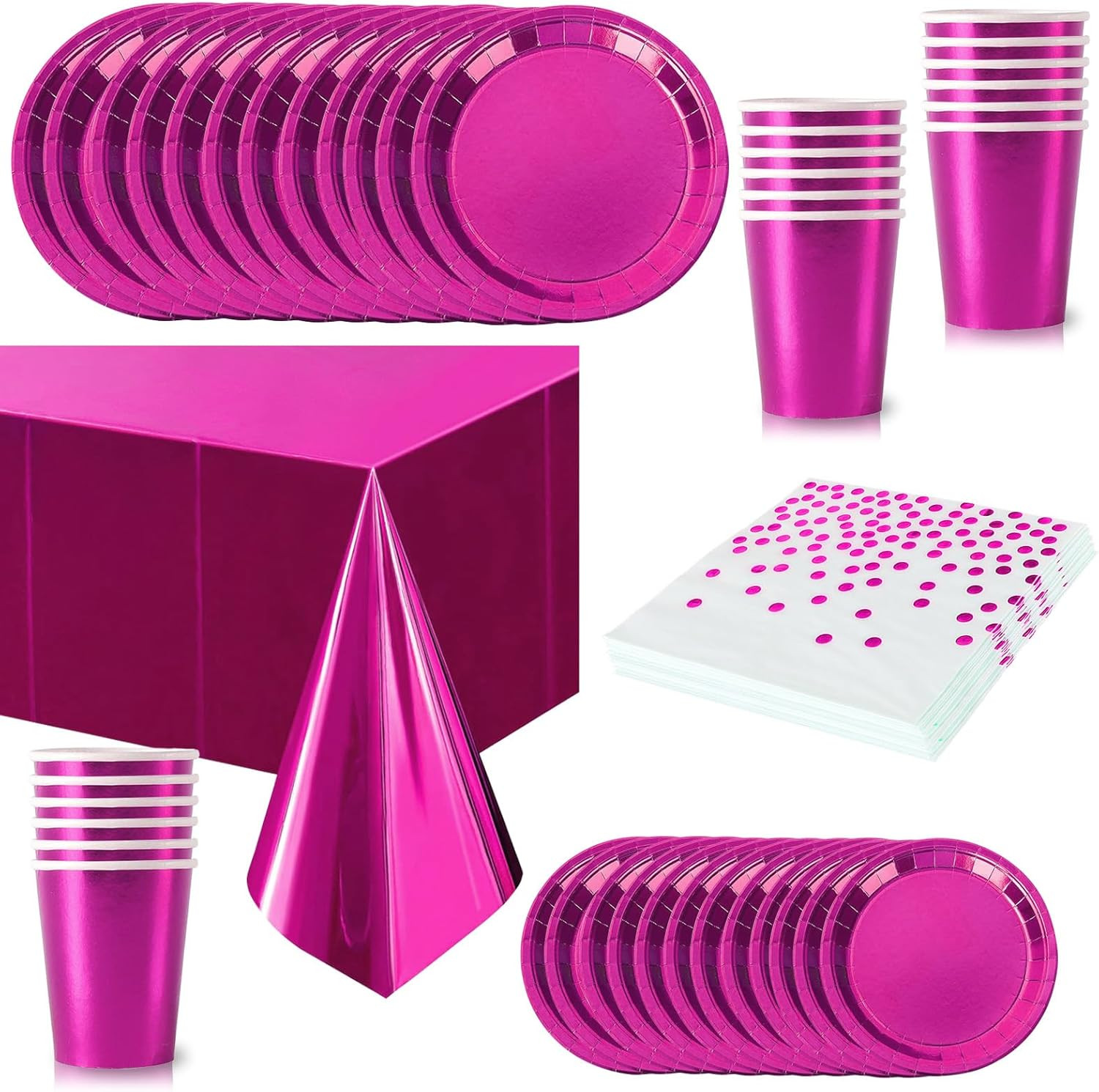 Vaisselle jetable rose fuchsia en carton comprenant 65 assiettes et tasses pour fête