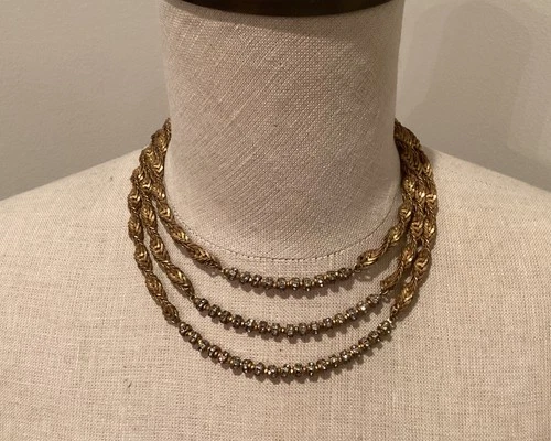 Vintage Signed MIRIAM HASKELL Triple Strand Gold Tone And Rhinestone Necklace