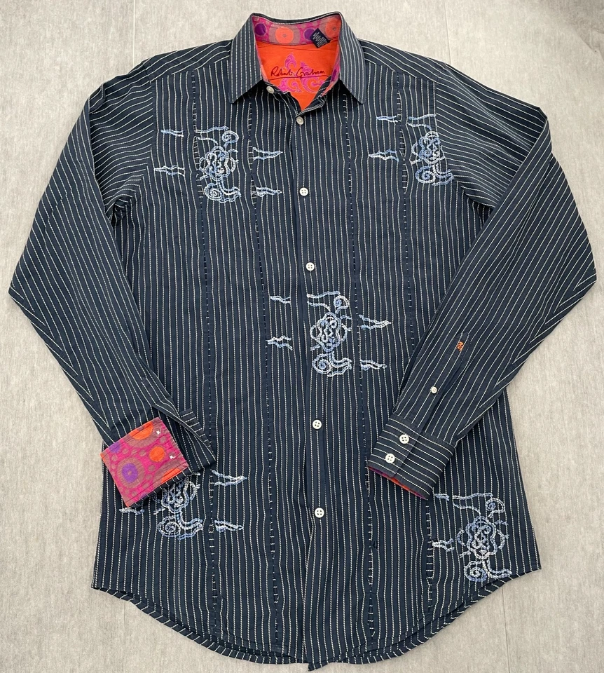Camisa Robert Graham Adulto Grande Alta Azul Seda Borde Abotonada Manga Larga Para Hombre Foto 2 de 4