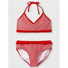 Cat Jack Girls "Picnic" Gingham 2-Piece Bikini Set Red Size Medium 7/8