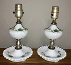 Vintage Set of 2 Milk Glass Boudoir Lamps Hobnail Base Hand Painted Ivy