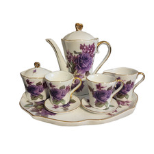 Vintage Miniature Purple Rose Porcelain Tea Set with Serving Tray