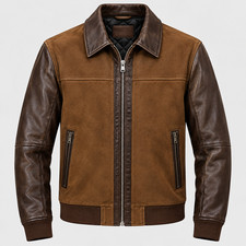 Men's Two Tone Brown Suede Leather Jacket Zip Up Vintage Style