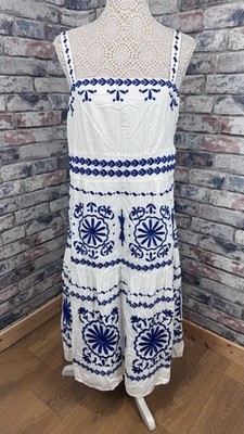 Monsoon Women s White Blue 100% Cotton Embroidered Midi Dress Size 14 Summer