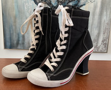 Vtg High Heel Sneaker Boots Y2K 8 Canvas Black White Lace Up Zipper