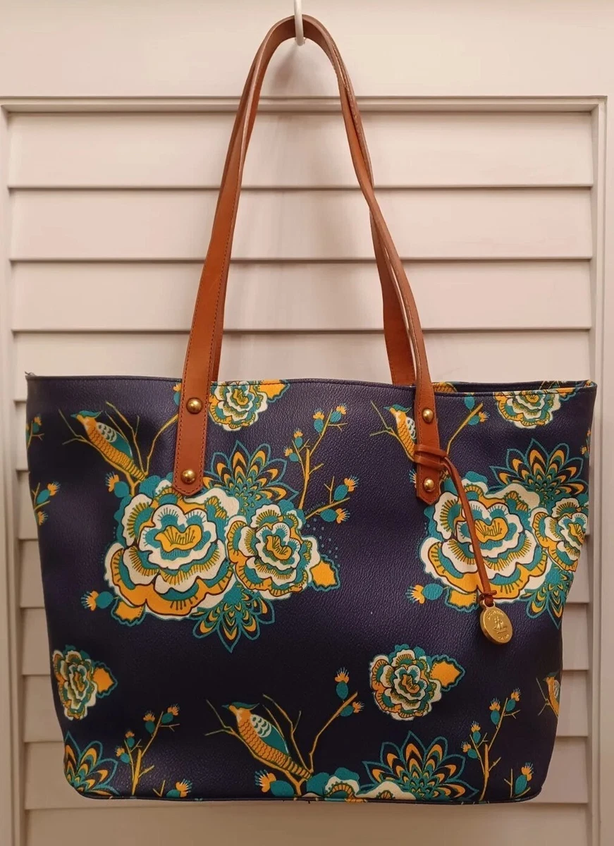 EUC Brahmin Navy Belize Flower Bird Coated Canvas Tote.