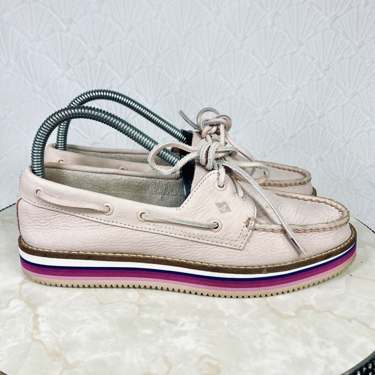 Sperry Platform Shoes Womens Pink Rose Leather Classic Nautical Boat  Loafers