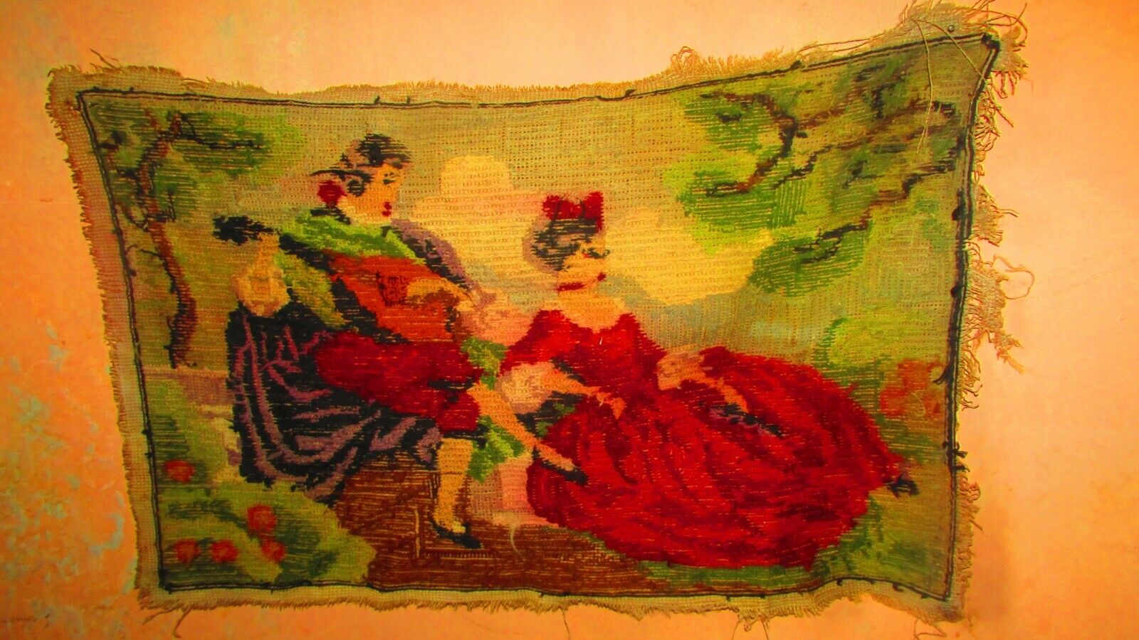 Antique Large Embroidered Painting, Princess Handmade Unique And