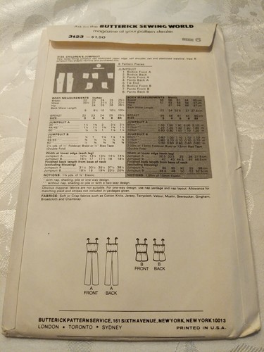 BUTTERICK 3123 GIRL SEWING PATTERN SIZE 6 JUMPSUIT ROMPER PLAY SUIT SUMMER SHORT - Picture 2 of 3