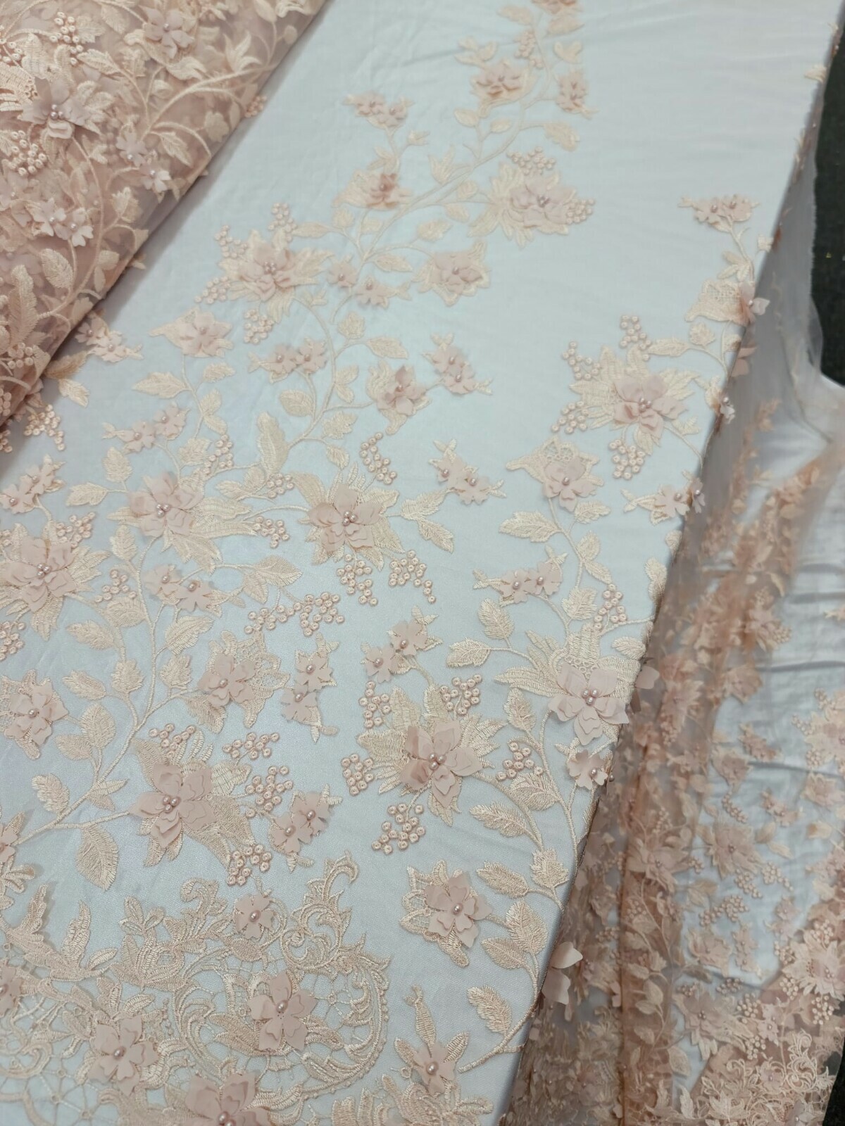 Blush Lace 3d Floral Flowers Embroidery Pearls Fabric By The Yard Quincea&ntilde;era 