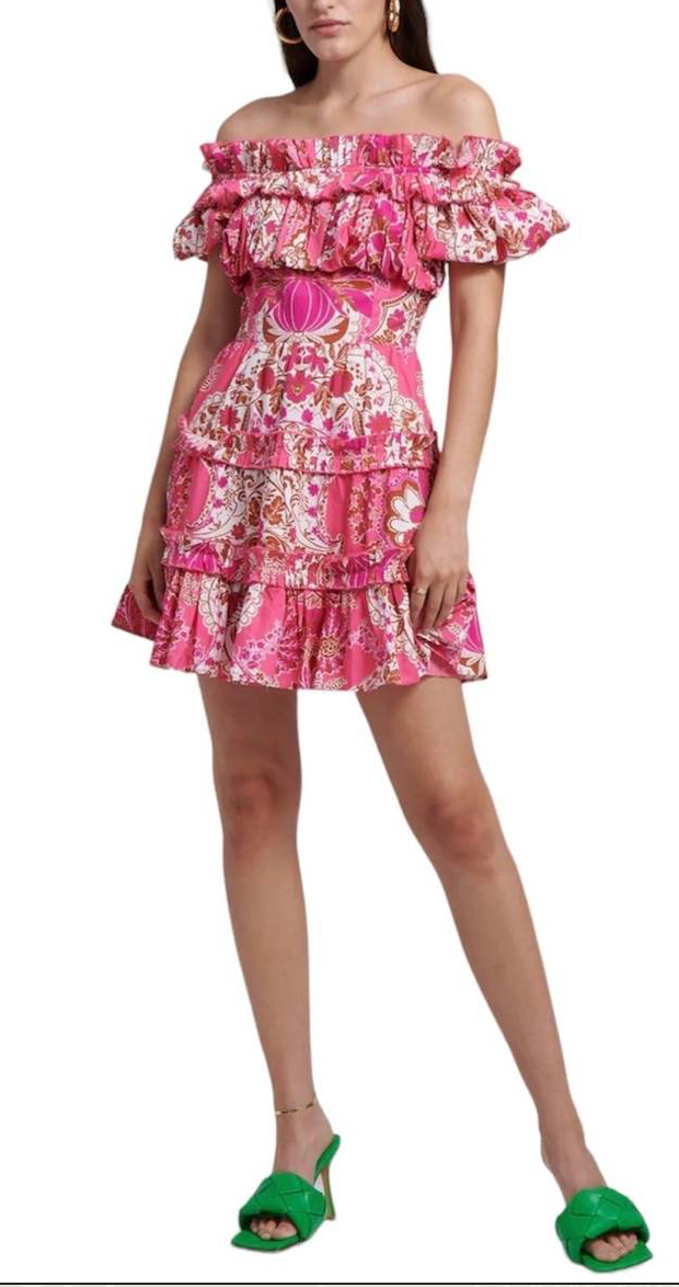 Love The Label Rosaline Off-The-Shoulder Tiered Floral Mini Dress Clementine Pnk PR Love The Label Rosaline Off-The-Shoulder Tiered Floral Mini Dress Clementine Pnk PR