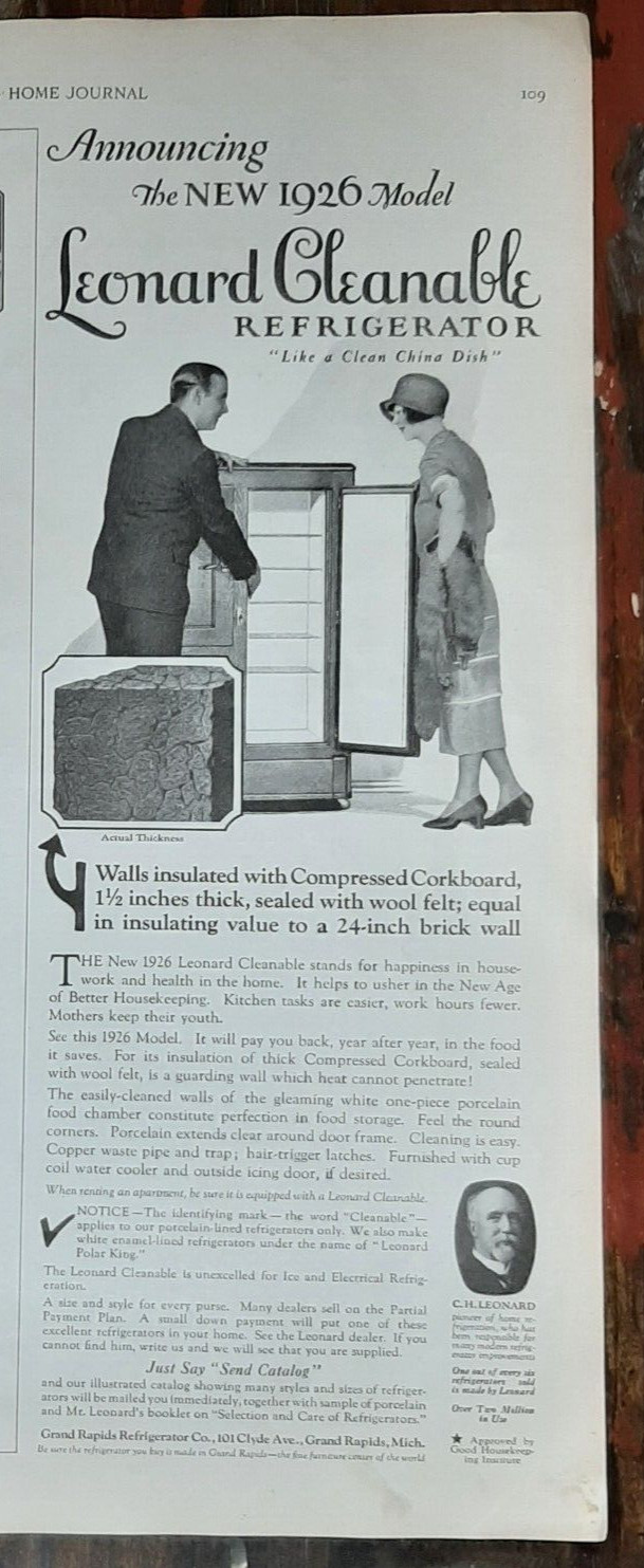 1926 Leonard Vintage Print Ad Refrigerator Cleanable Kitchen Cork Porcelain B&W