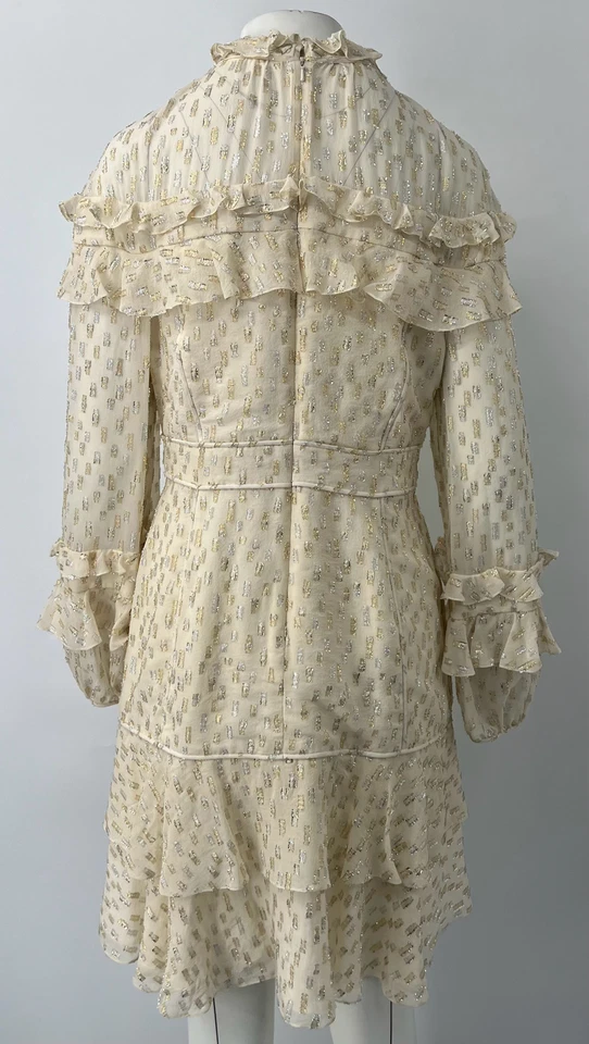 Vestido J. Mendel Resort 2018 blanco roto estampado seda volantes línea A talla 12 Foto 4 de 4