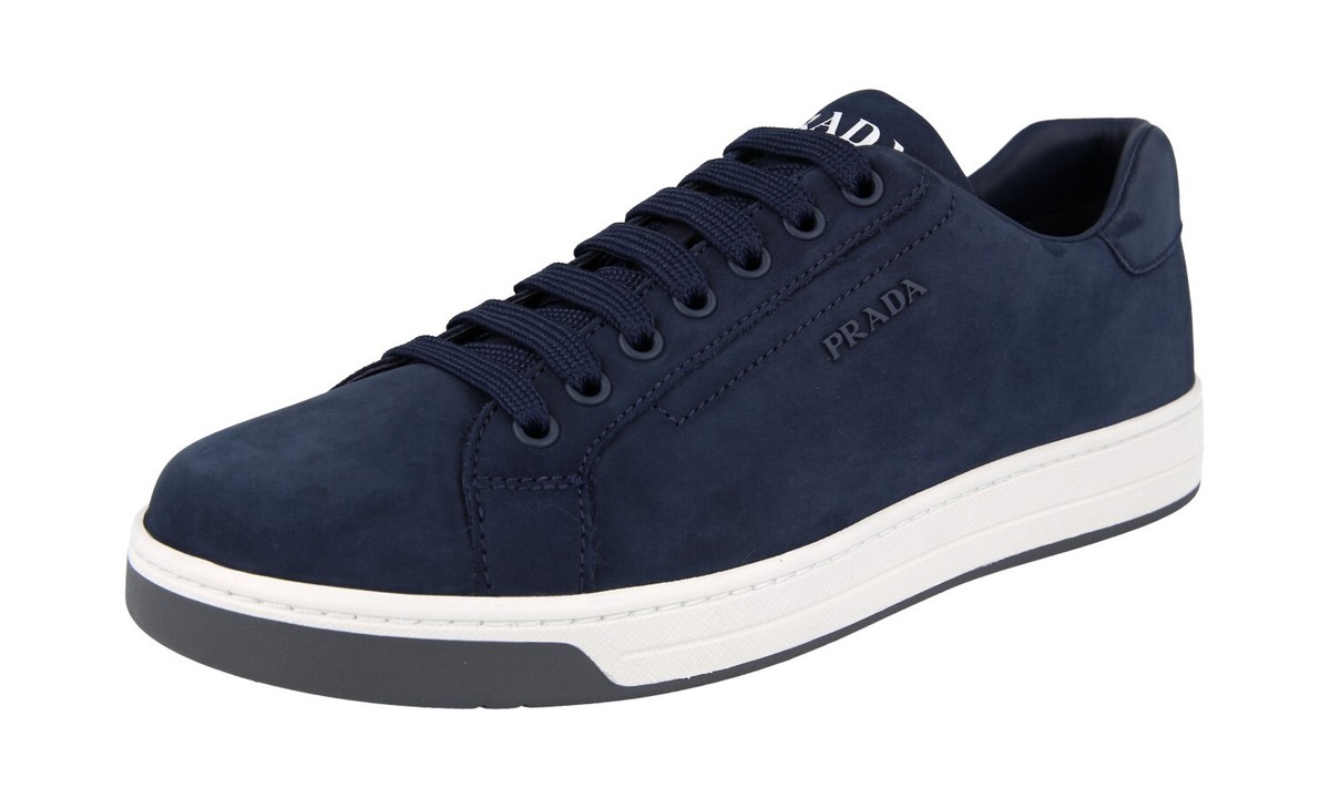 PRADA Nubuck Leather DOWNTOWN Sneakers - Navy Blue White NEW 