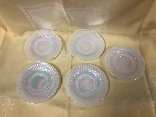 Set of 5 VINTAGE FEDERAL GLASS WHITE MOONGLOW OPALESCENT 5.75”SAUCERS