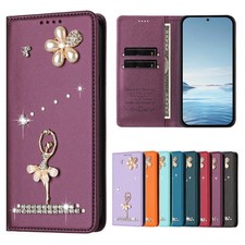 For Motorola Phone Case 3D Diamond Girl Genuine Leather Flip Wallet Stand Cover