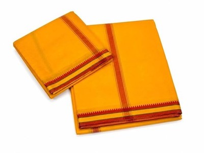 Traditional Yellow Cotton Dhoti 4 Meter with Angavastram 2 Meter Set for Men