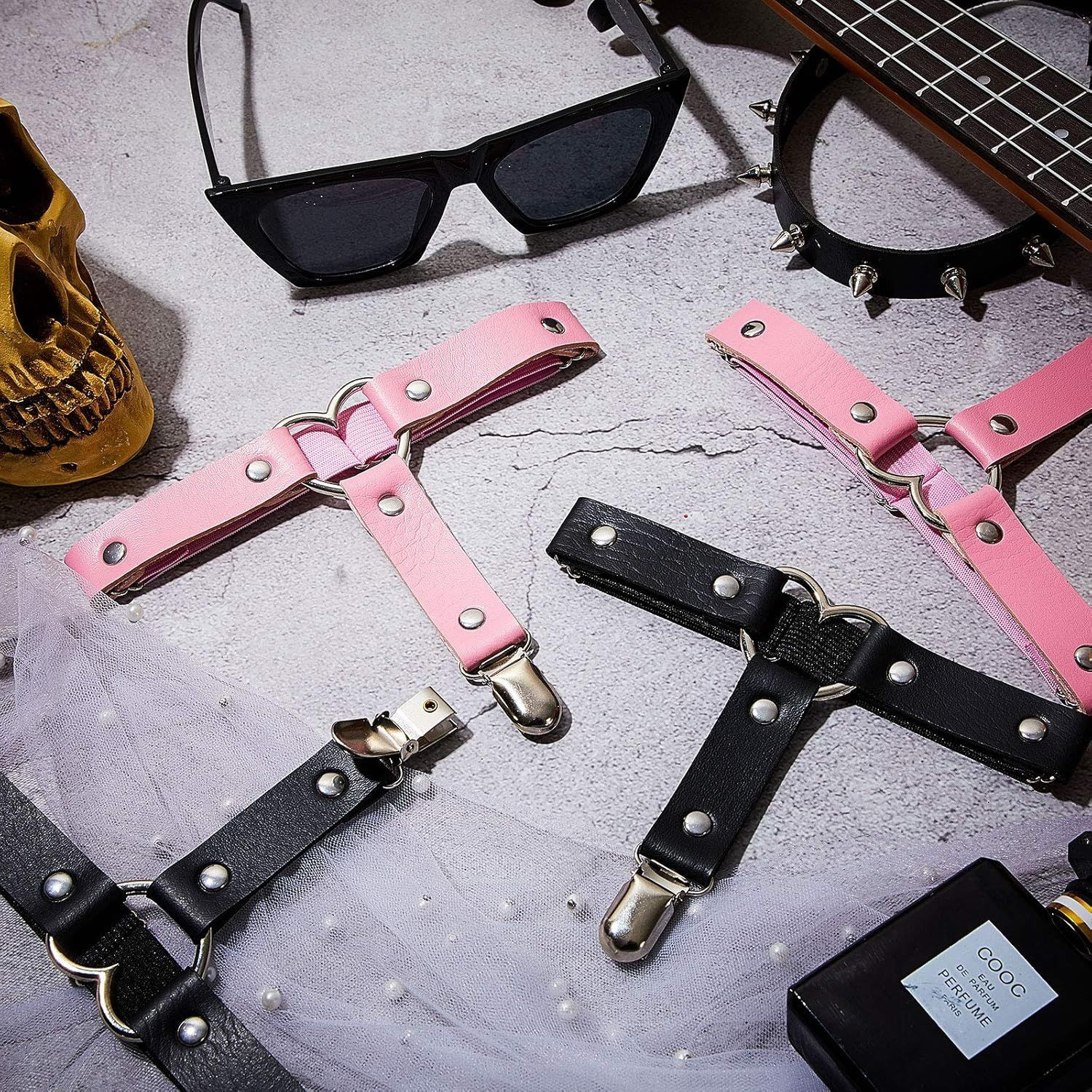 Syhood 4 Pieces Leg Garter Belt Adjustable Punk Rock Heart Gothic Black, Pink 