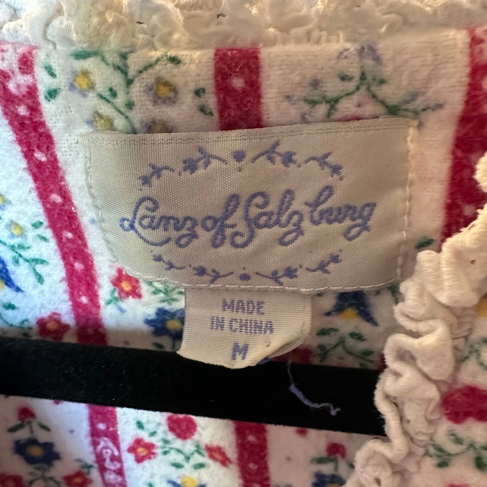 Lanz of Salzburg Nightgown Medium Long Sleeve Floral Striped Cotton White Red - Image 3 of 4