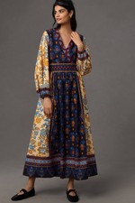 Anthropologie Farm Rio Long-Sleeve V-Neck Printed Midi Dress Size S