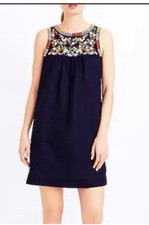 J.Crew Dress Size 2 Blue Aline Short Embroidered floral sleeveless linen pockets