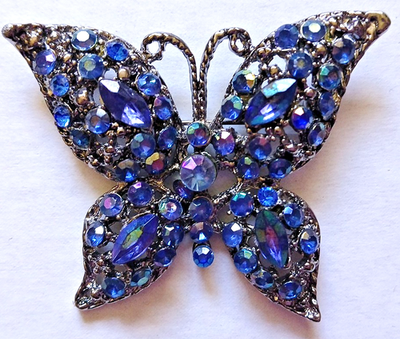 #ad #ad Vtg Butterfly Brooch Openwork Pin Rhinestones Blue Gun Metal Hardware Pave $24.63