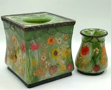 Vintage Set Acrylic Dry Flowers Tissue Box Holder & Toothbrush Holder India Ink