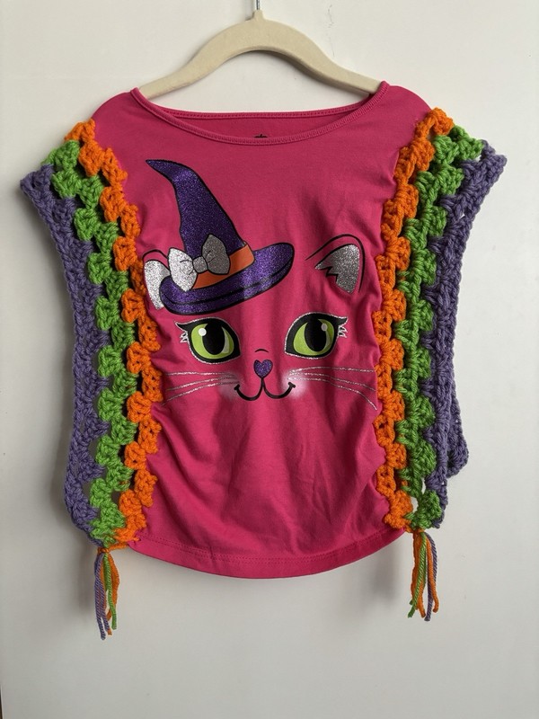 Hand Crochet Embellished Witchy Cat Size 5T T-Shirt Now A Poncho Halloween