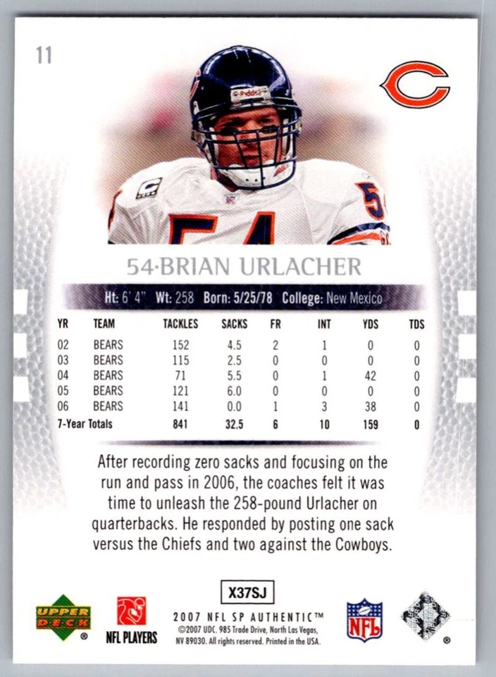 2007 SP Authentic Brian Urlacher Chicago Bears #11 - Image 2 of 2