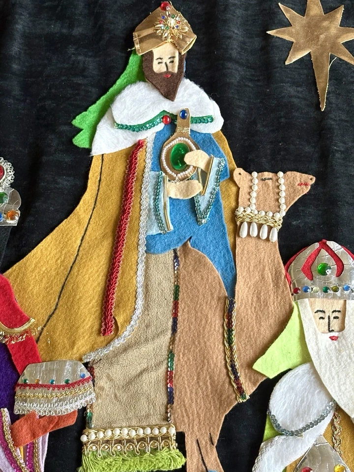 Colgante de pared navideño vintage años 70 hecho a mano con los Tres Sabios. Foto 2 de 4