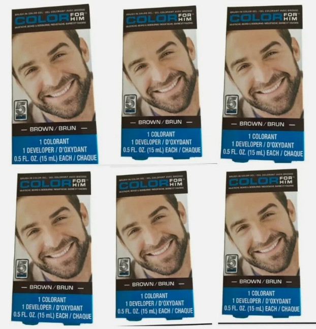 For Him Men's 5-minute Brush-in Brown Facial Hair Color Gel (6 Pack)