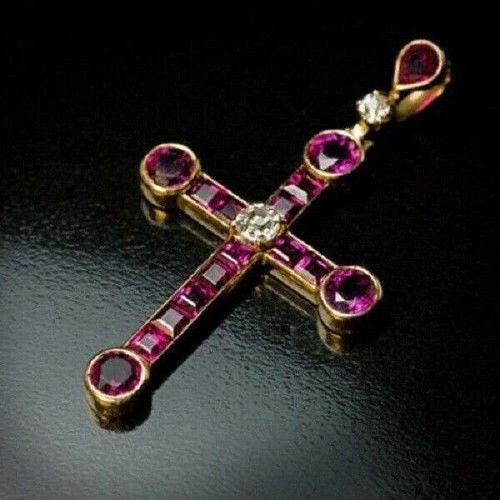 2Ct Princess Cut Dark Pink Ruby Cross Pendant 14K Yellow Gold Finish Free Chain