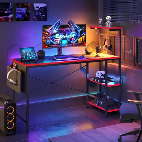 Gaming Desk with LED Lights, 51.3 Inch Computer Desk with 4 Tiers Reversible ...