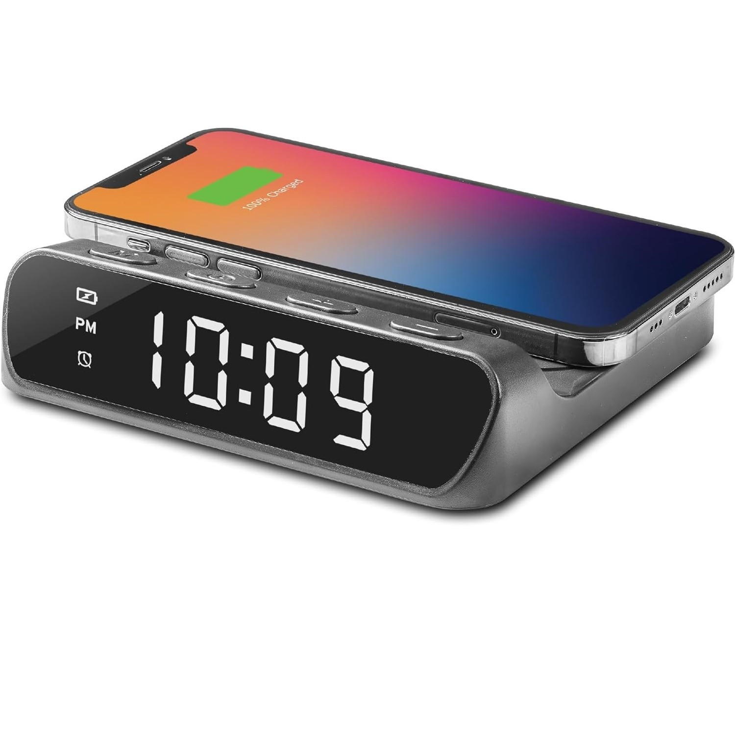 iHome Alarm Clock with Wireless Charger for iPhone Android & More (iW14) Black