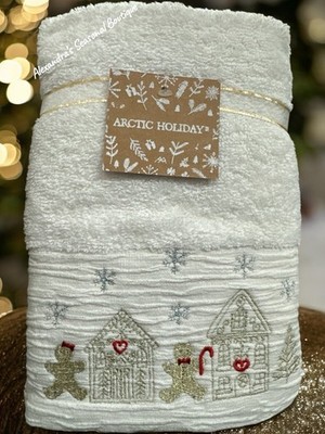 Arctic Holiday 2 Pk Hand Towels Embroidered Christmas Gold Gingerbread Village ￼