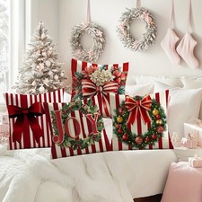 4Pcs Christmas Red Bow Wreath Plush Pillow Covers Home Cushion Case Decor Gift