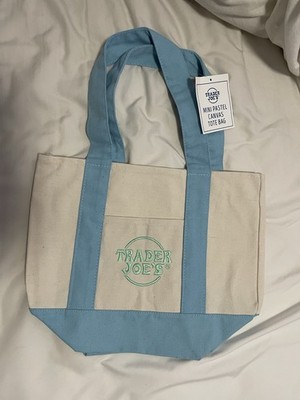 Trader Joe's Canvas Tote Bag Mini Beige Blue Solid Pattern