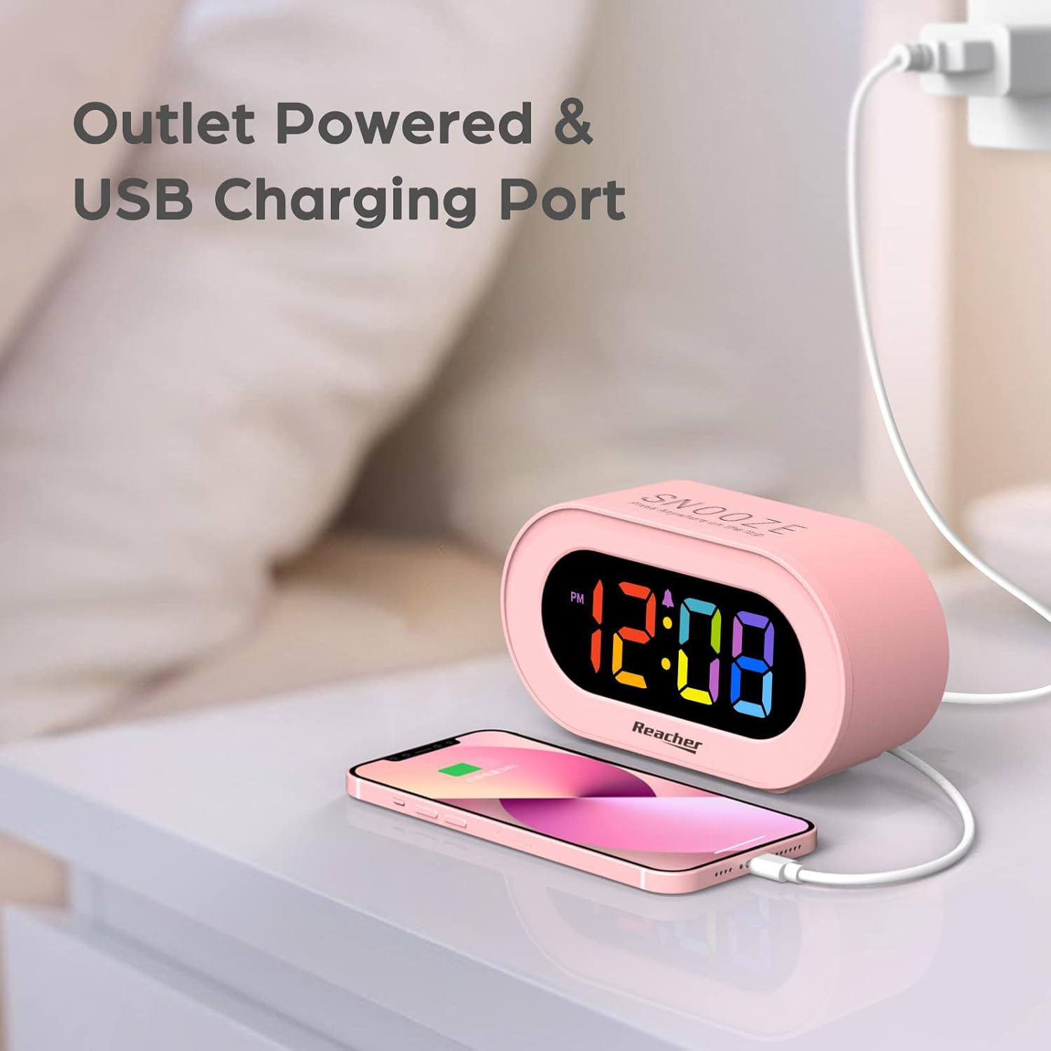 Pink Girls Alarm Clock LED Digital Display USB Charger Adjustable Volume Snooze