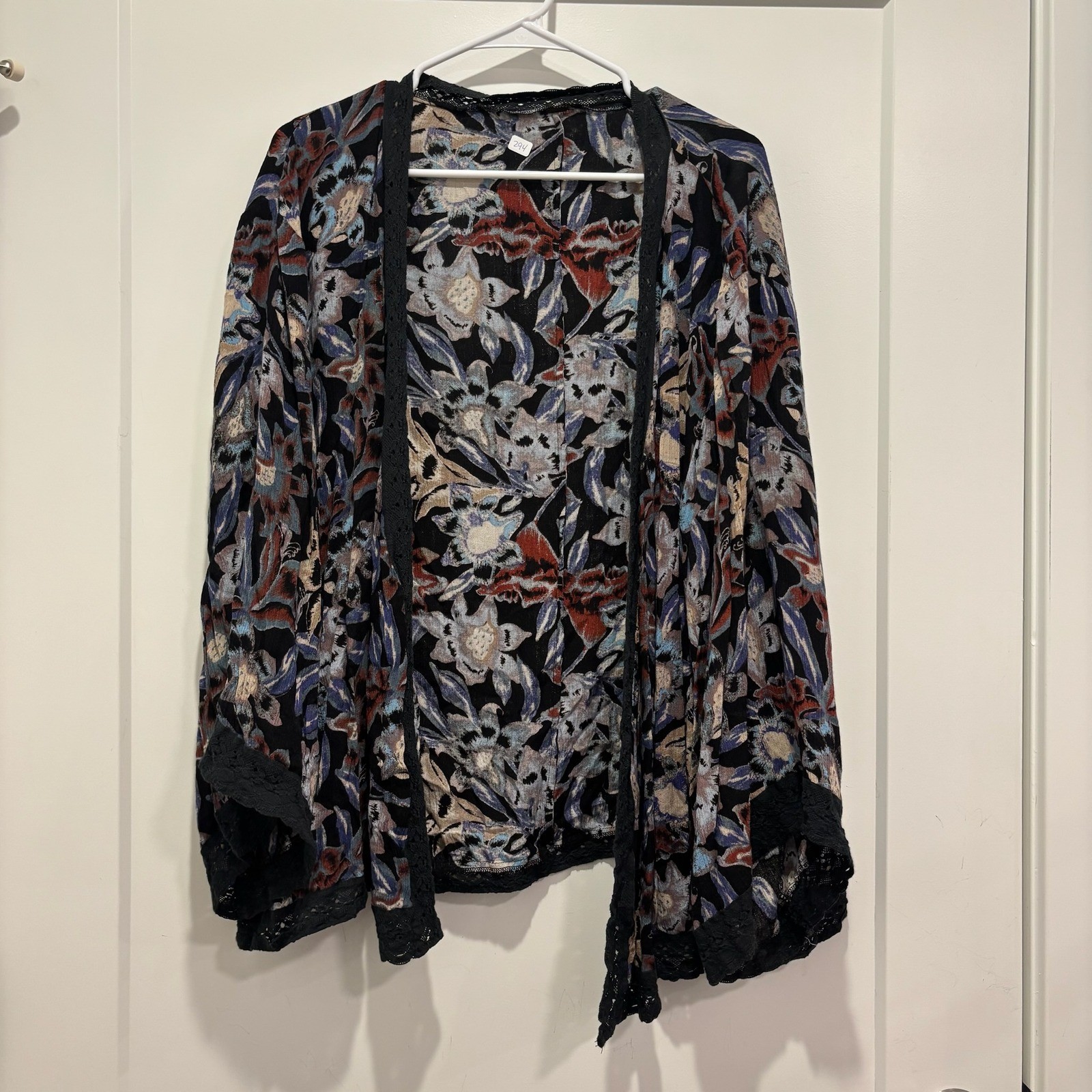 Free People Floral Kimono Cardigan Black Lace Trim Open Front Rayon Wrap Boho