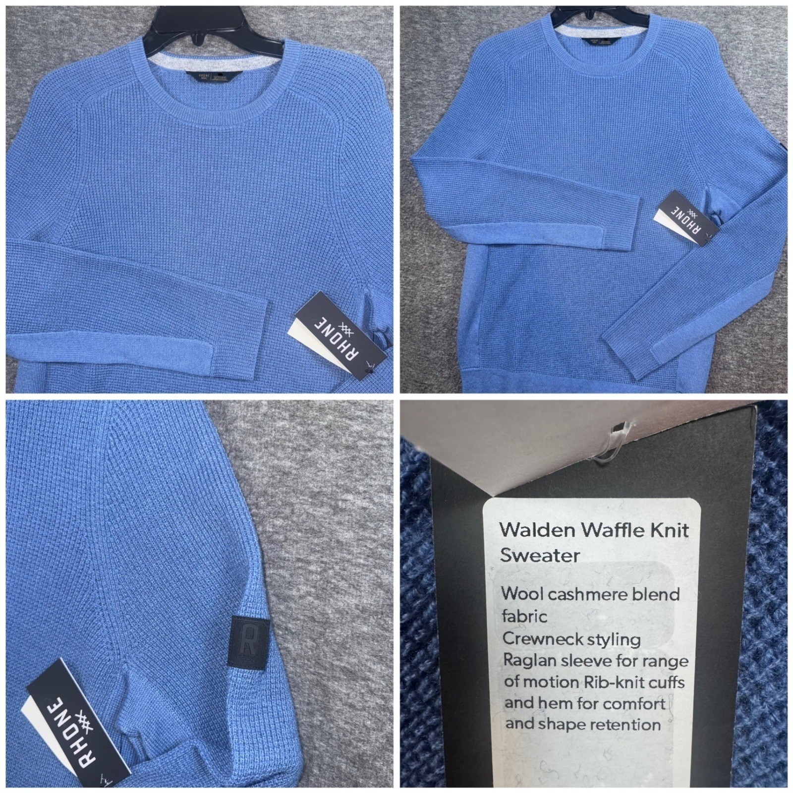 RHONE Mens Large Walden Waffle Knit Sweater Blue Horizon Wool Cashmere Blend NEW