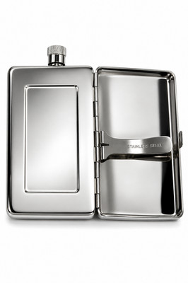 Stainless Steel 4oz Hip Flask w/ Cigarette Holder Case Pocket Flask