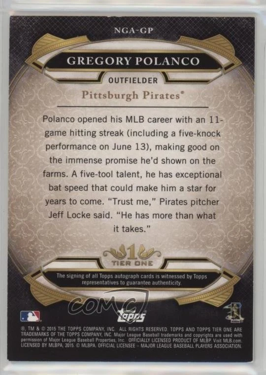 2015 Topps Tier One New Guard Auto /50 Gregory Polanco #NGA-GP Auto - Image 2 of 2